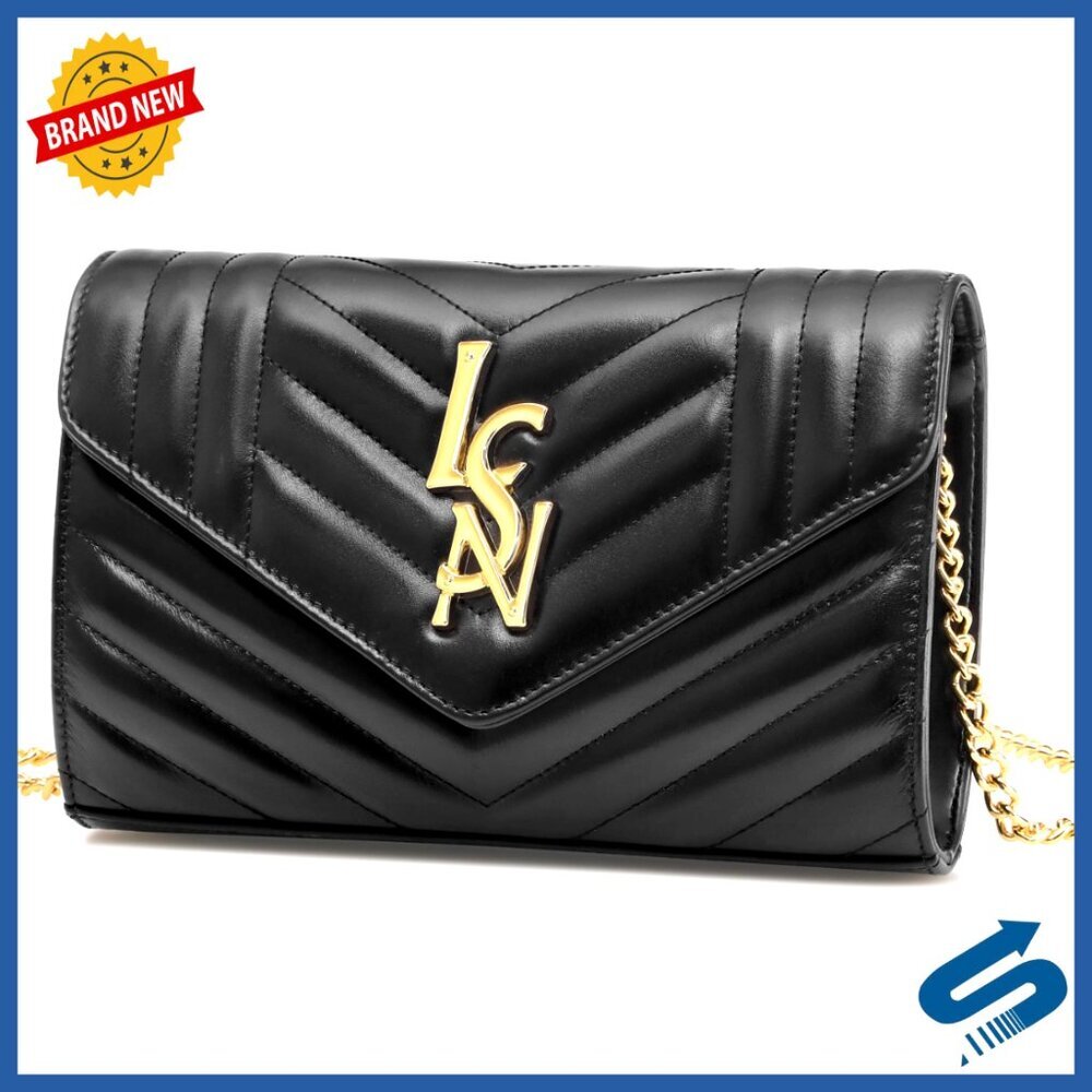 Genuine Leather Quilted Envelope Clutch with Chain Crossbody Bag